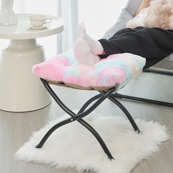Mordchil HF 15"(H) Folding Ottoman, Foldable Footrest Stool, Portable Small Foot Stool for Couch, Collapsible Foot Rest Ottoman for Sofa, Accent Padded Ottomans for Living Room, Bedroom, Rainbow
