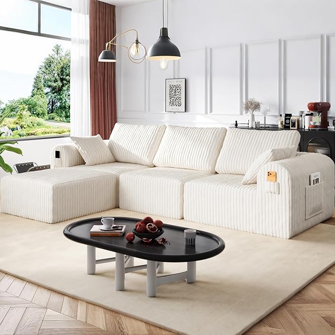 106" Modular Sectional Sofa, Boneless Couches for Living Room, L-Shape Sofa Couches,Cloud Couch Sectional, Comfy Corduroy Sofa, with Deep Seat, No Assembly Required (Beige, 3 Seater + 1 Ottoman)