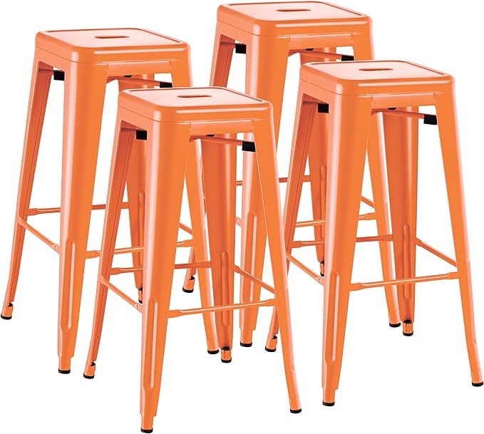 Furmax 30 Inch Metal Bar Stools Set of 4, Counter Height Backless Stools, Industrial Bar Chairs Patio Stool Stackable Backless Stool for Kitchen/Dining Room/Bistro/Patio Indoor Outdoor (Orange)