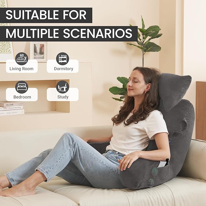 Unisakey Portable Reading Pillows with Headrest for Bed Sitting Up(Light Grey Oeko-Tex), Velvet Back Pillow with Arms & Pockets for Adults, Support Memory Foam Bed Pillow for Dorm/Watching/Gaming