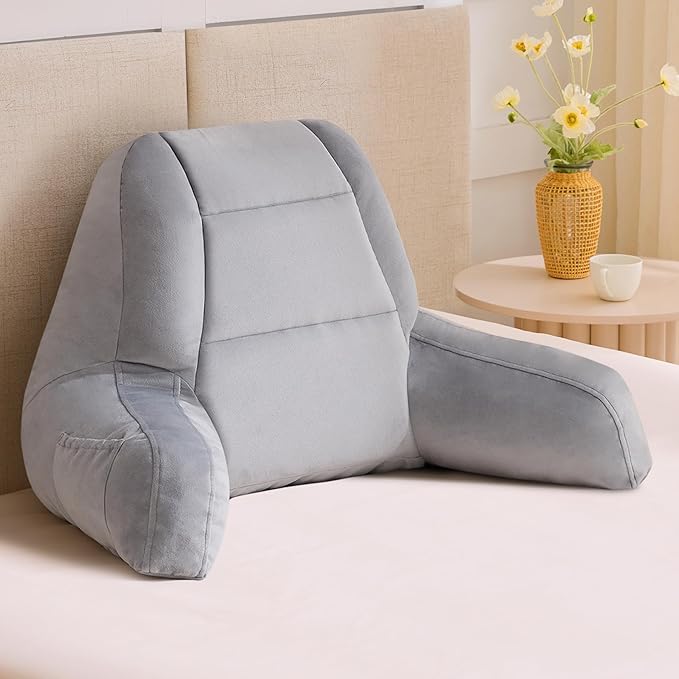 IASEAHK Reading Pillows for Sitting in Bed Adult, Back Pillow for Bed Sitting Up, Backrest Pillows with Shredded Foam for Adult&Teens, Support Pillow with Arms for Beds, Couch, Floor, 20in, Grey