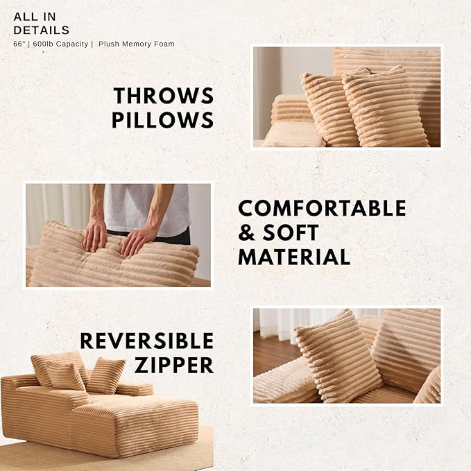 Alpen 66" Oversized Chaise Lounge, Boneless Couch Indoor, Corduroy Couch Boneless Sofa Chair for Reading with Wide Armrest and 3 Throw Pillows, No Assembly Required, Off-White