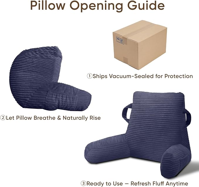 ABROLOY Reading Pillow for Sitting in Bed Adult, Bed Reading Pillow with Shredded Memory Foam, Back Pillow for Sitting with Arms and Pockets, Deepblue