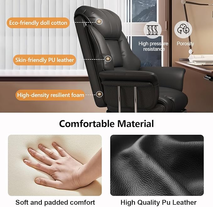 BTFYOU Big and Tall Office Chair with Armrests Executive Chair with Footrest and Spring Lumbar Support High Back Leather Ergonomic Chair Adjustable Height Tilt Lock for Business