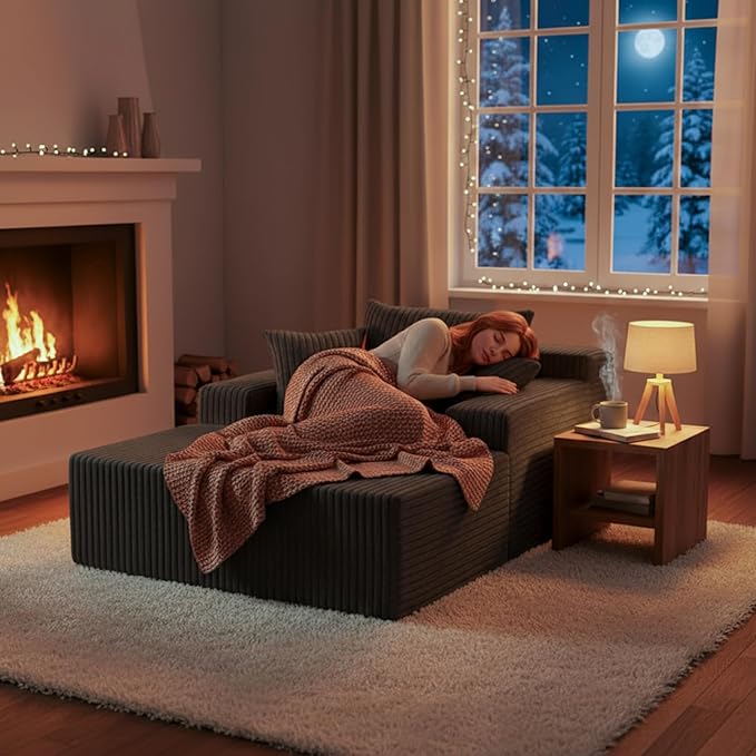 Sytopia Chaise Lounge with Armrests, Oversized Sofa Bed with 3 Pillows, Cozy Boneless Couch, Sleeper Reading Chair for Living Room Bedroom, Floor Sofa Corduroy, Furniture Sala, Volcanic Ash