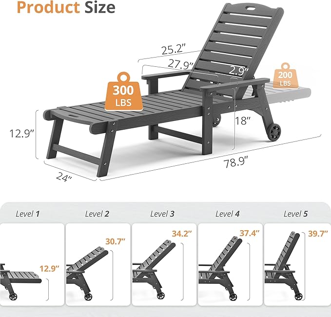 LUE BONA Outdoor Chaise Lounge, HDPS Chaise Lounger, 5 Positions Adjustable Lounge Chairs, Pool Lounge Chair with Wheels for Poolside, Backyard, Dark Gray