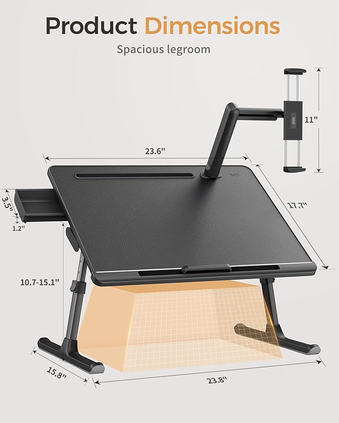 SAIJI Dual Screen Laptop Bed Desk | Foldable Adjustable Lap Desks for Adults, X-Large Couch Bed Tray Table with Portable Monitor Stand and Drawer