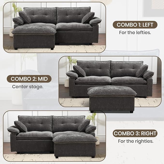 PALLOME 82" Deep Seat Comfy Cloud Couch, Modular Sectional Sofa with Movable Ottoman, L Shaped Chenille Sofa for Small Space, Modern Apartment Living Room & Office (Light Grey, 2-Seat + Ottoman)