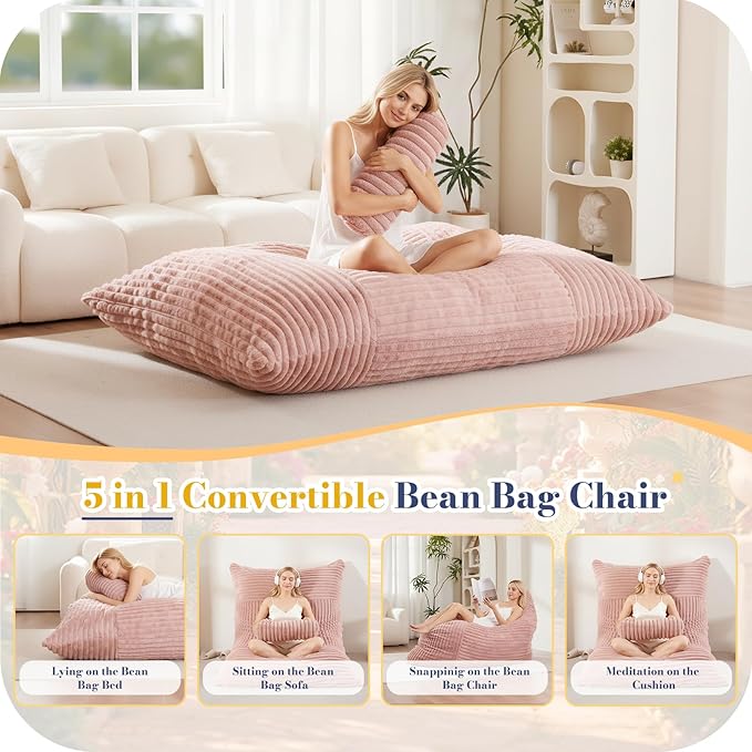 5 in 1 Bean Bag Chair with A Roll Pillow,Giant Bean Bag Chairs for Adults,Ultra Soft & Machine Washable Cover,Convertible Sofa Bed Floor Couch Lounger for Living Room,Bedroom