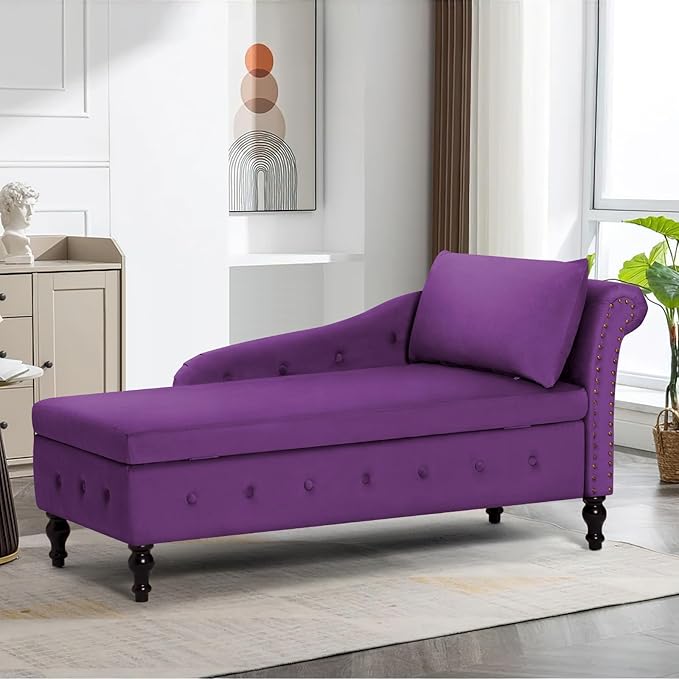 ACMEASE Upholstered Chaise Lounge with Right Armrest & Lumbar Pillow,Button Tufted Lounge Sofa with Storage,Lounge Chair Indoor,Modern Velvet Lounge Chair for Bedroom, Living Room and Office,Purpel