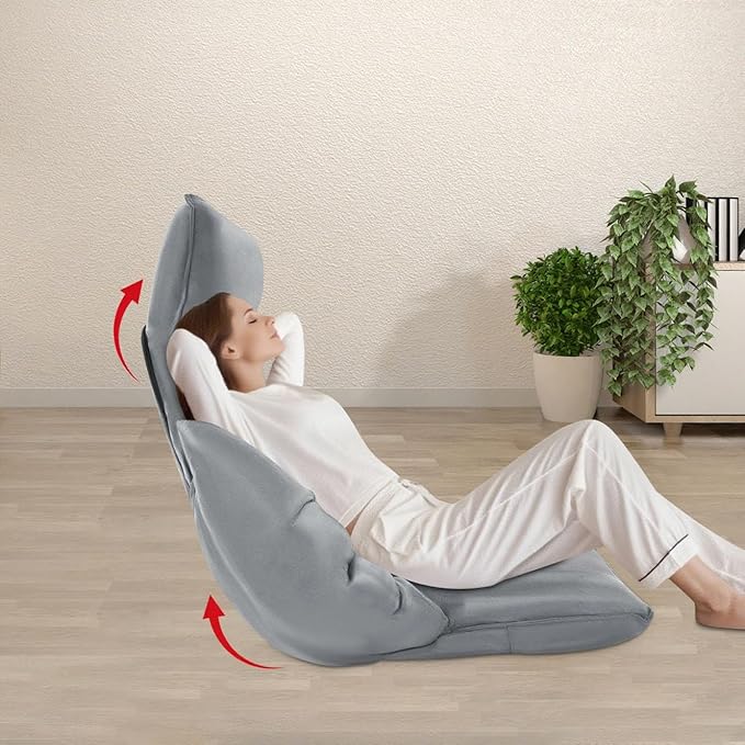 Foldable Floor Lazy Sofa, Adjustable Lazy Sofa Floor Chair with 5-Position Headrest, Grey Ergonomic Foldable Floor Seating with Armrests and Lumbar Support, for Living Room, Bedroom, Office