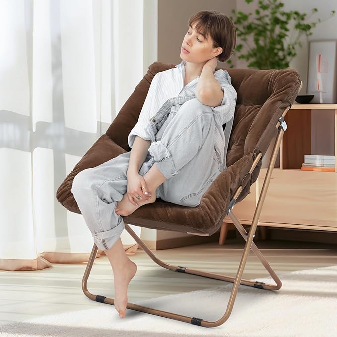 Athena Collection Saucer Chair for Adult, Square Comfy Cozy Chair Folding Chair Faux Fur Metal Frame Foldable Reading Chair Accent Chair for Bed Room Living Room, Brown