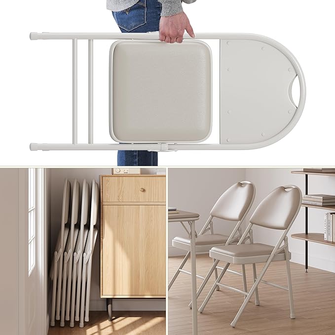 GAOMON 4 Pack Folding Card Chairs, Thickened Padded PU Cushion, Metal Legs and Non-Slip Feet Pads, Portable Stackable Commercial Seat for Events, Office, Wedding, Party, Beige