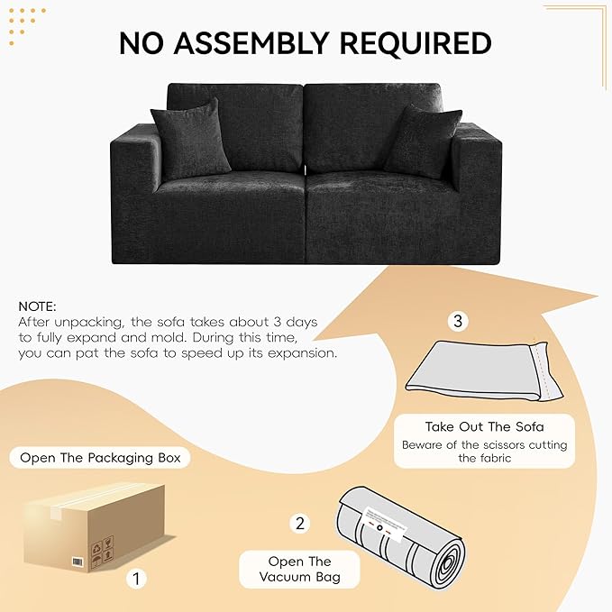 83'' Boneless Loveseat Sofa, Comfy Deep Seat Sectional Cloud Couch, No Assembly Chenille Love Seat for Living Room, Black