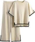 Faleave Womens Knit 2 Piece Sweater Sets Short Sleeve Pullover Tops Elastic Waist Wide Leg Pants Lounge Set
