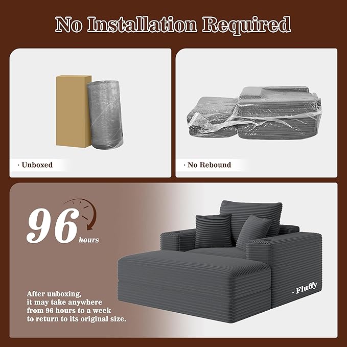 52" Boneless Chaise Lounge Chair Indoor — Oversized Cloud-Like Cozy Comfy Modular 3-in-1 Sofa Bed for Reading, Living Room & Bedroom Corduroy Couch Sleeper, Grey