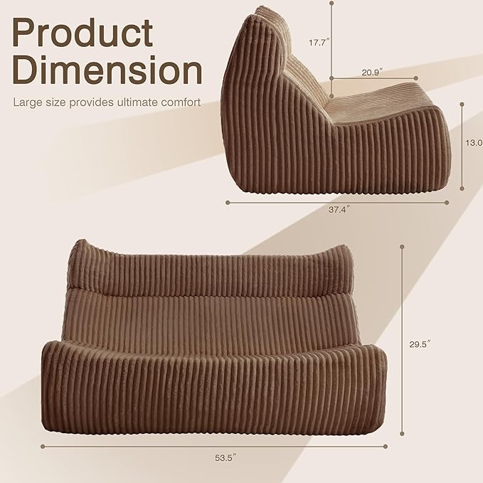 Big Bean Bag Chairs, Lazy Floor Sofa, Fireside Chair for Living Room, Bedroom, Office (Brown, Loveseat)