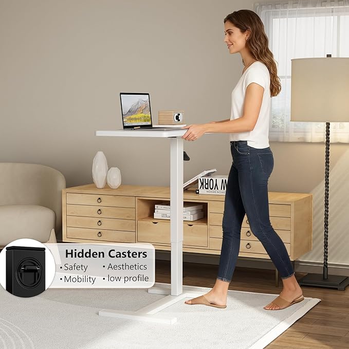 Overbed Bedside Table with Wheels Adjustable Hospital & Home Use Bed Table Rolling Movable Laptop Mobile Standing Desk Pneumatic Computer Cart Waterproof L-Shaped Steel Base Tray Tables,White
