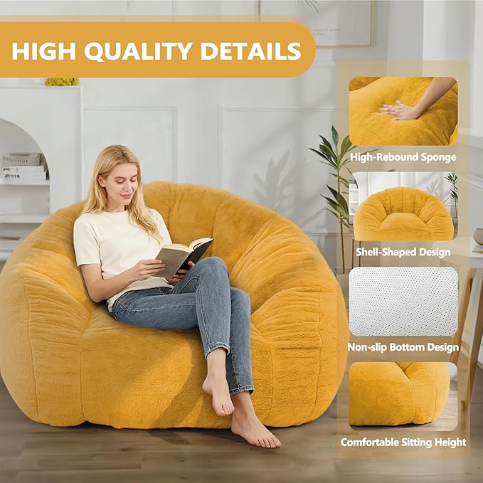 Bean Bag Chair for Adults, Soft Faux Fur Giant Beanbag Chairs, Oversized Cozy Bean Bag Couch Large Reading Chair, Comfy Bean Bag Sofa for Living Room, Bedroom & Dorm, Yellow