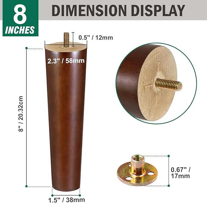 FoDau770 Brown Rubber Wood Furniture Legs 8 Inches, Straight Tapered Wood Feet Mid Century Sofa Legs Set of 4, 5/16" UNC Furniture Feet for Cabinet Couch Dresser Chair Ottoman Table
