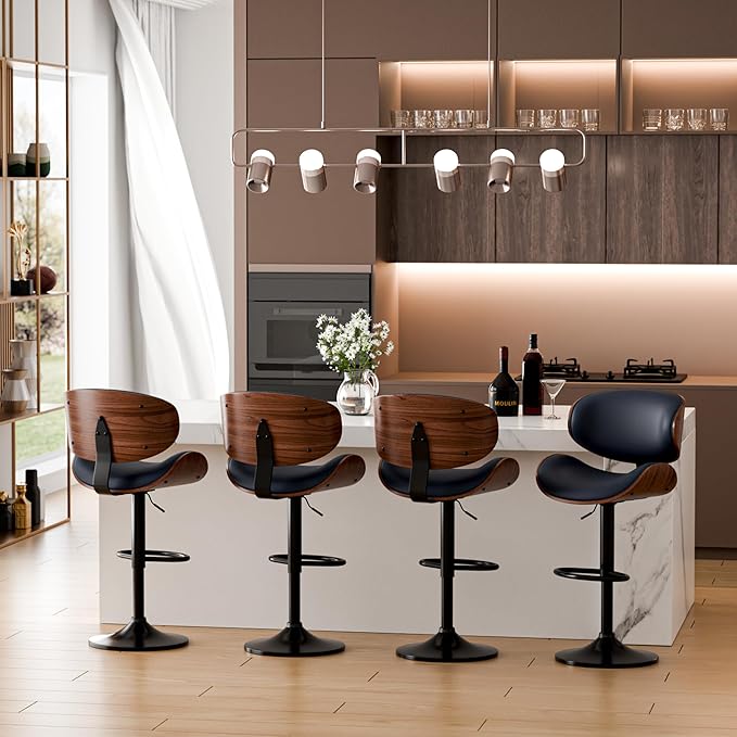 Aowos Bar Stools Set of 2, Adjustable Swivel Leather Bar Stools for Kitchen Island, Mid Century Modern Counter Height Bar Chairs Barstools with Back & Footrest (Blue)