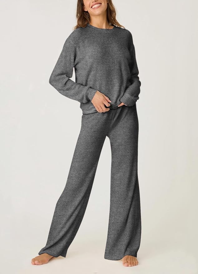 Aamikast Women's 2-Piece Lounge Set Soft Brushed Jersey Sleepwear Pajamas Set Long Sleeve Top & Wide Leg Pants
