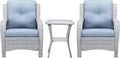 Rilyson Patio Bistro Set Wicker Chairs - 3 Piece Outdoor Rattan Conversation Set with 2 Armrest Chair and 1 Side Table for Proch Deck Garden Backyard Balcony(Light Grey/Sky Blue)
