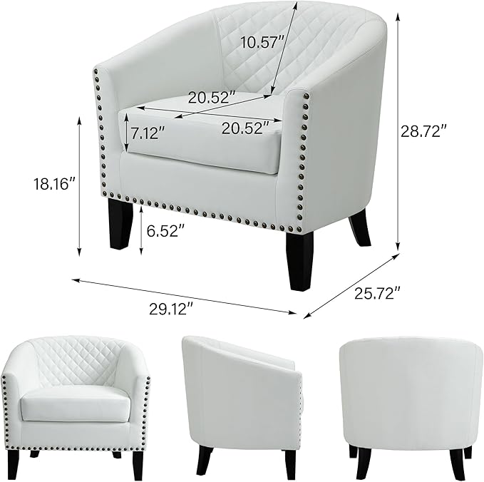 DREAMSIDEA Accent Barrel Chair, Upholstered Faux Leather Club Chair with Nailed Trim, Comfy Reading Armchair for Living Room Bedroom Reception Room Office (White, Set of 2)