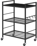 XIVIRACK 3-Tier Metal Storage Rack with Industrial Wheels,Mesh Shelving Unit with Wooden Table top,Adjustable Shelf,23.6-Inch Width,15.8-Inch Depth, for Kitchen, Laundry,Pantry,Plant,Black panel