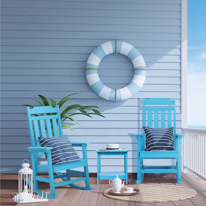 hOmeQomi Rocking Chair, All Weather Resistant Poly Lumber Outdoor Porch Rocker, Rocking Chairs for Outdoor, Indoor, Patio, Deck, Garden, Backyard, Load Bearing 380 lbs - Lake Blue