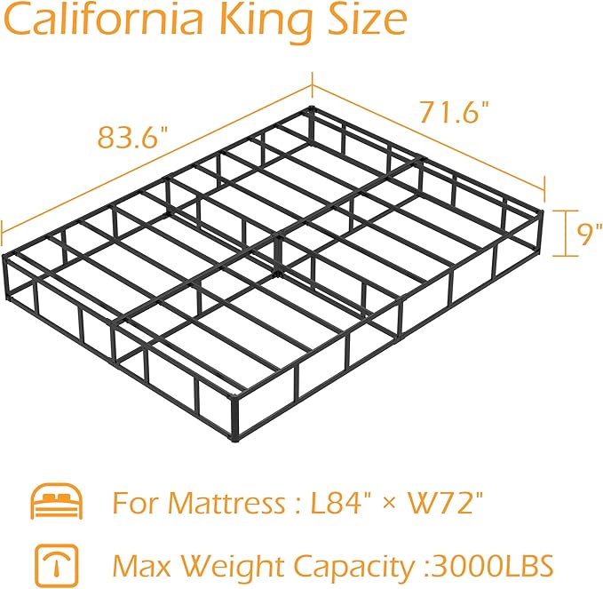 Maenizi California King Box Spring 9 Inch, Heavy Duty Metal Box Spring Bed Base with Fabric Cover, Mattress Foundation, Easy Assembly, Noise Free, Black