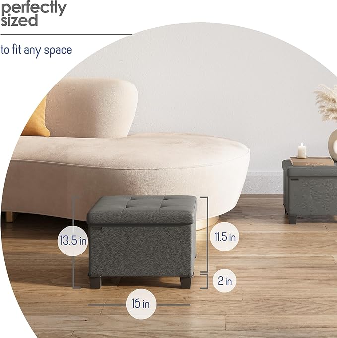 Storage Ottoman Cube with Small Bin, 16-in Square Ottoman with Storage for Living Room and Bedroom, Small Ottomans Foot Rest, Faux Leather Foot Stools Ottomans Max 330lbs, Grey