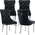 YeahFurn Mid Century Modern Dining Chairs Set of 4, Black Velvet Upholstered Tufted Back, Kitchen & Dining Room Chairs, Brushed Silver Metal Legs, Nailhead Trim, Sillas para Comedor (Black, 4 Pcs)