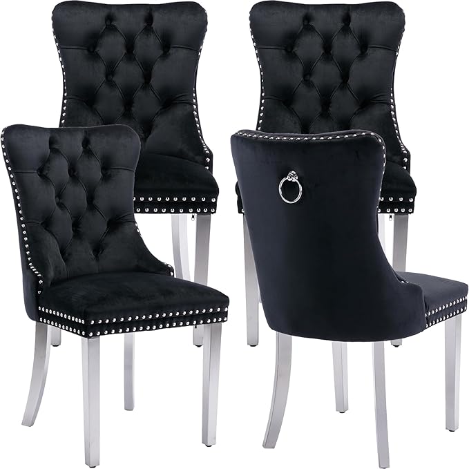 YeahFurn Mid Century Modern Dining Chairs Set of 4, Black Velvet Upholstered Tufted Back, Kitchen & Dining Room Chairs, Brushed Silver Metal Legs, Nailhead Trim, Sillas para Comedor (Black, 4 Pcs)