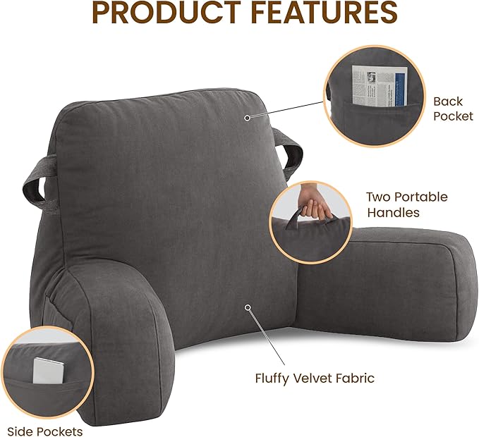 Unisakey Portable Comfy Reading Pillows for Bed Sitting Up(Light Grey Oeko-Tex), Velvet Back Pillow with Arms & Pockets for Adults, Support Memory Foam Bed Pillow for Dorm/Reading/Watching/Gaming