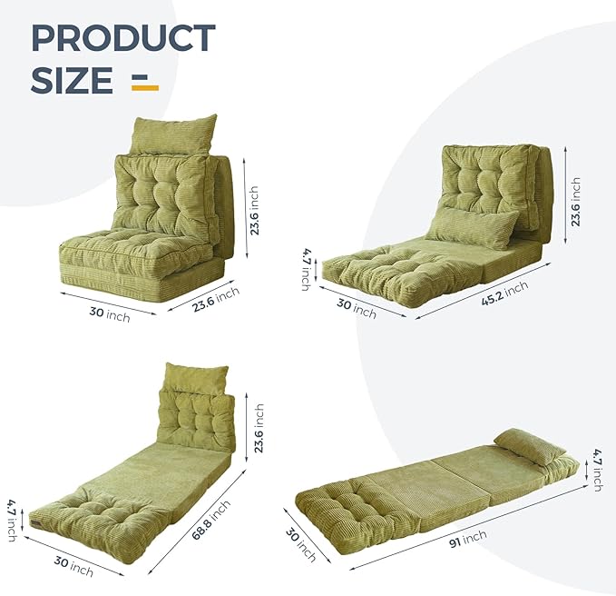 MAXYOYO Bean Bag Bed Tufted Folding Sofa Bed with Pillows Floor Mattress for Adults, Extra Thick and Long Floor Sofa, Single Couch for Bedroom Living Room, Green, 30x91 Inch
