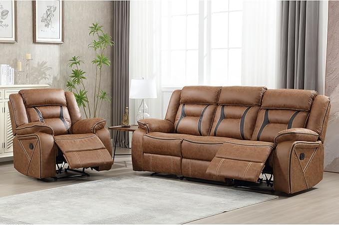 EBELLO Faux Leather Recliner Sofa Furniture Set for Living Room, 2 Recliner Chairs, 3 Seat Reclining Sofa Couch Set for Meeting Room, Brown