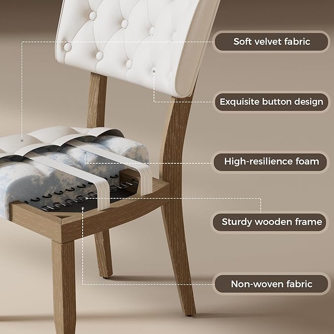 UVV Upholstered Dining Chairs Set of 6, Mid Century Modern Tufted Kitchen Chairs Dining Room Chairs, Velvet Dinner Chair with Wood Legs for Dining Room Kitchen, Beige