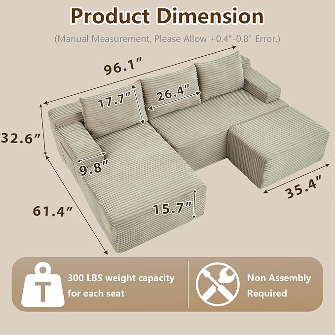 96" U-Shape Cloud Couch, Modern Modular Sectional L-Shape Sofa with Ottoman, Corduroy Upholstered Couches Deep Seat Sleeper Chaise Longue for Living Room, No Assembly Required(Camel, Left Facing)