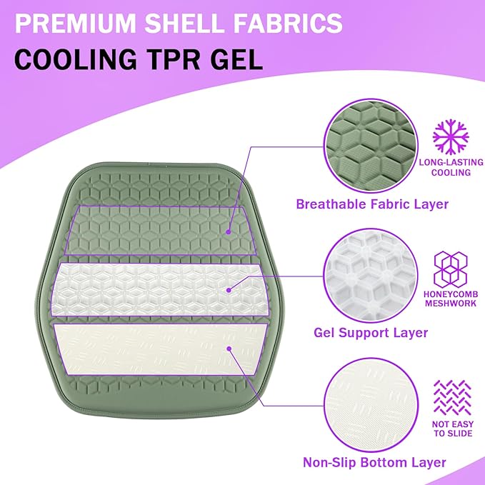 Binsheo Thin Gel Seat Cushion for Car Seat, Office Chair, Wheelchair, Golf Cart - Non-Slip Car Seat Cushions with 0.7 Inch Gel - Sciatica & Coccyx Pain Relief (Fabric, Green)