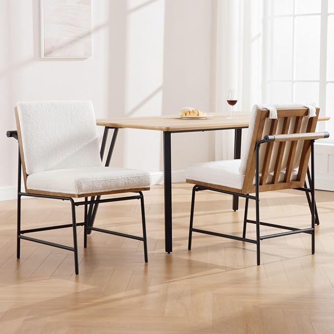 DUOMAY Mid-Century Modern Dining Chairs Set of 2, Sherpa Upholstered Side Chair with Rear Handle, Armless Chair with Metal Legs for Kitchen Dining Room Living Room Vanity, White