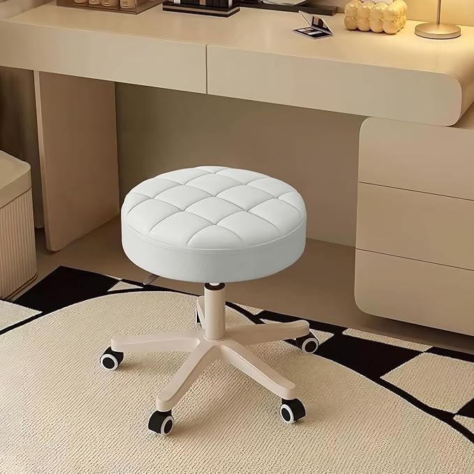 JPBSTO Small Rolling Stool with Wheels, PU Leather Height Adjustable Vanity Work Task Stool, 360 Swivel, Padded Seat Cushion, for Salon, Home, Office