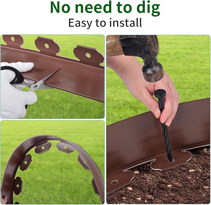 AggFencer 4 in x 100 Ft Garden Landscape Edging, No Dig Garden Edging Border Kit with 184 Pcs Spikes for Flower Bed Lawn Yard Grass Brown
