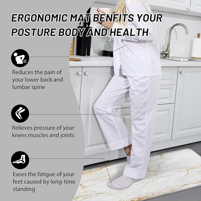 Kitchen Floor Mats Cushioned Anti Fatigue, White Marble Kitchen Rugs Set of 2 Non Slip Waterproof Memory Foam Kitchen Mat Comfort Standing Mat for Gold Kitchen Accessories and Décor
