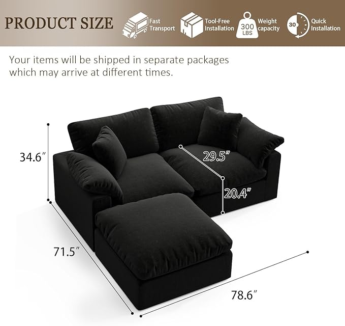 Forest aesthetics Modular Cloud Sofa,Convertible 3-Seater Set,Extra Deep Seat Down Filled Seat, Washable & Replaceable Cushion Covers for Living Room,Apartment,Black