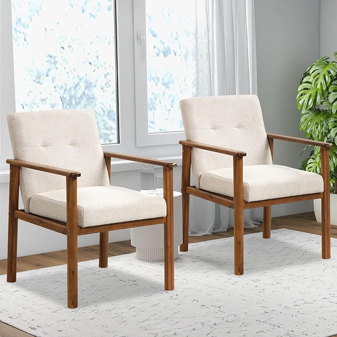 GOFLAME Accent Chair Set of 2, Mid-Century Modern Armchair with Solid Wood Legs, Soft Cushioned Seat, Upholstered Linen Fabric Leisure Chair for Living Room, Bedroom, Guest Room, Office, Beige