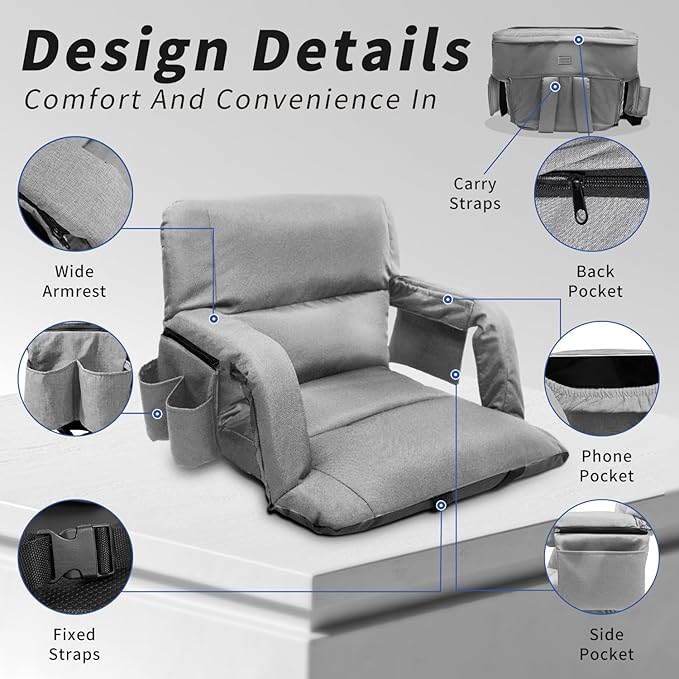 Stadium Seats with Back Support ,Wide Stadium Chairs with Back and Cushion, Sofa Style Bleacher Chairs, 6 Reclining Positions, Extra Thick Bleacher Seat for Sports Events (Grey-1 Pack,Wide|22.5")