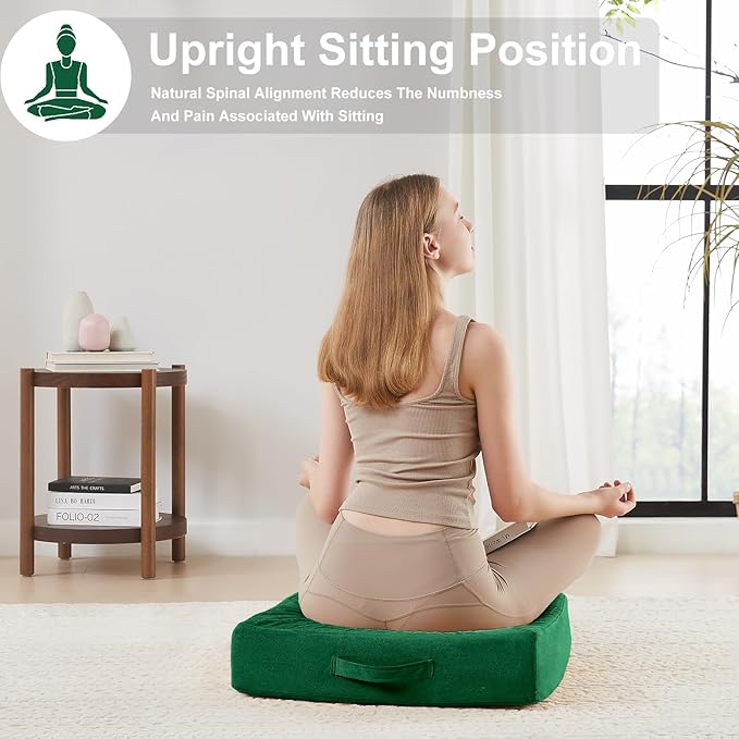JKMAX 22 inches Floor Pillow for Adults - Large Meditation Cushion with Thick Foam - Premium Outdoor Square Floor Cushion Seat - Yoga Pillow for Sitting On Floor - Green