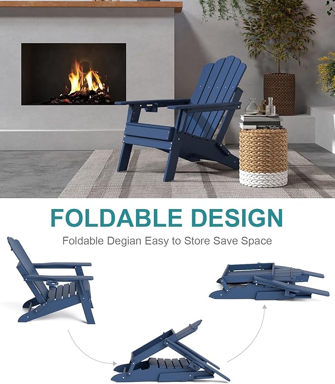 FOOWIN Adirondack Chair Set of 8, Folding Adirondack Chair with Cup Holder, HDPE All-Weather Fire Pit Chair for Patio, Garden, Backyard, Poolside, Navy Blue