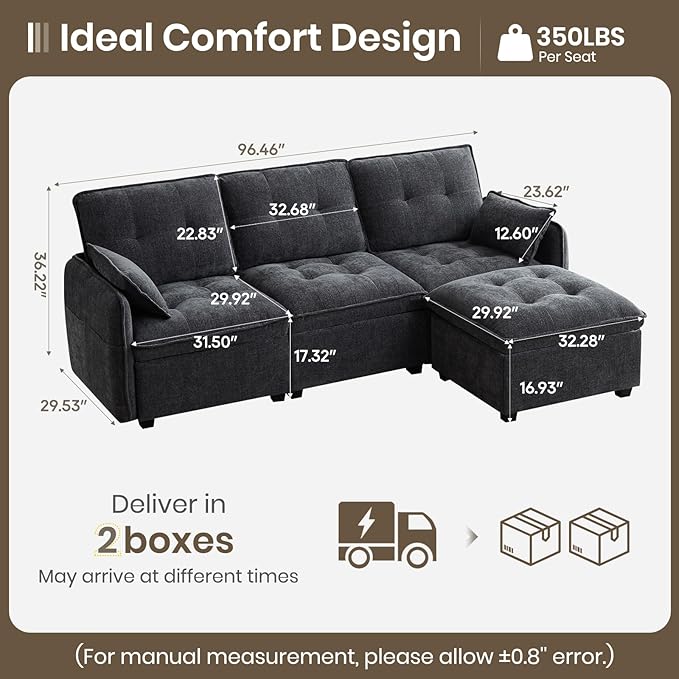 PALLOME 96" Modular L-Shaped Sofa - 3-Seat Cloud Couch with Movable Ottoman, Extra Deep Seat Sofa Couch with Throw Pillows for Living Room & Small Spaces (Grey, 3-Seat + Ottoman)